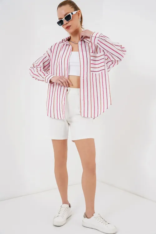 Kadın Çizgili Oversize Gömlek 20278 - Kırmızı