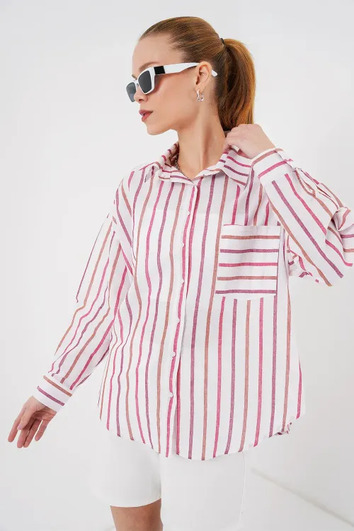 Kadın Çizgili Oversize Gömlek 20278 - Kırmızı