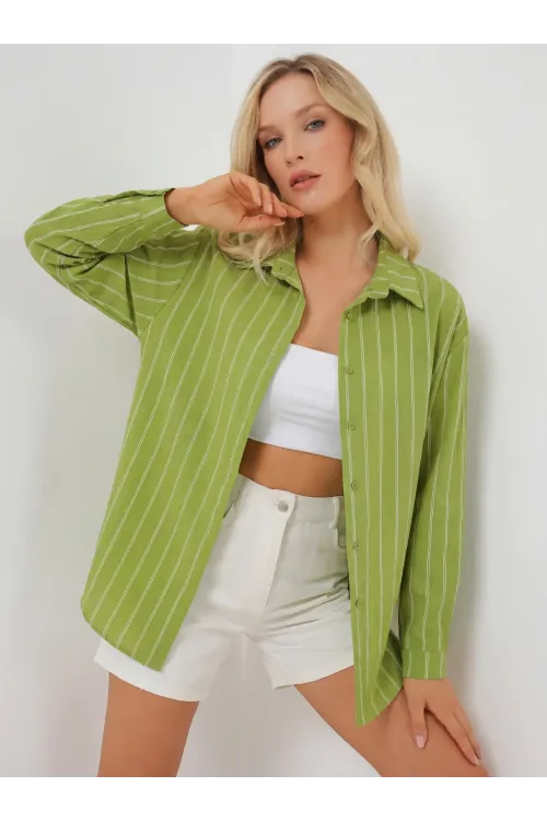 Kadın Çizgili Oversize Gömlek 20293 - E.Yeşil