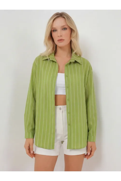 Kadın Çizgili Oversize Gömlek 20293 - E.Yeşil
