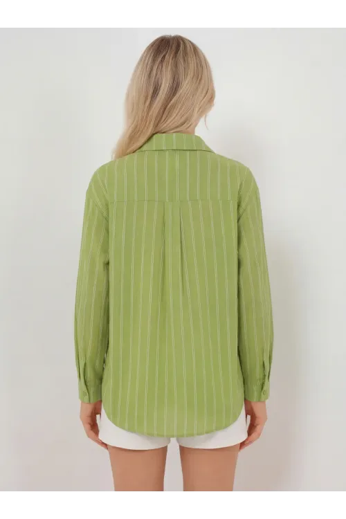 Kadın Çizgili Oversize Gömlek 20293 - E.Yeşil