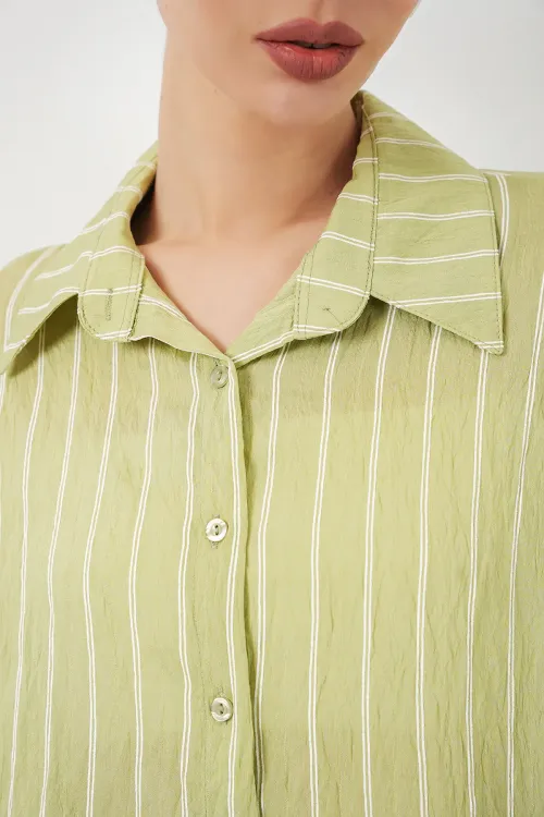 Kadın Çizgili Oversize Gömlek 20293 - E.Yeşil
