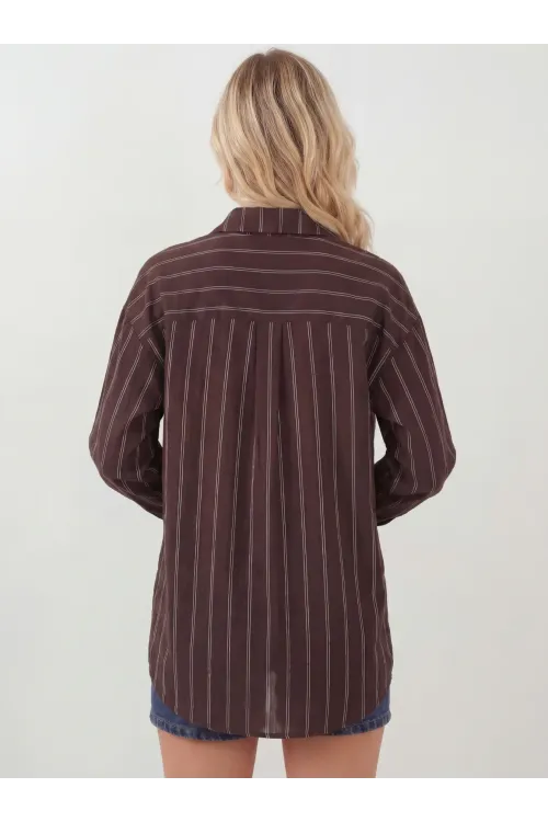 Kadın Çizgili Oversize Gömlek 20293 - Kahverengi