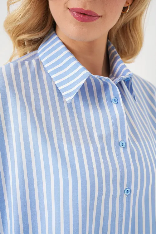Kadın Çizgili Oversize Gömlek 20332 - B.Mavi