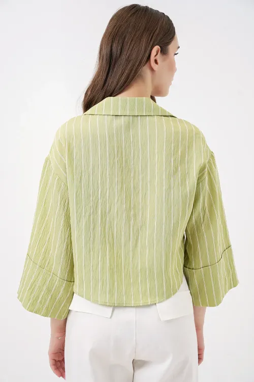 Kadın Çizgili Oversize Kısa Gömlek 20326 - E.Yeşil