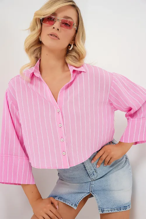 Kadın Çizgili Oversize Kısa Gömlek 20326 - Pembe