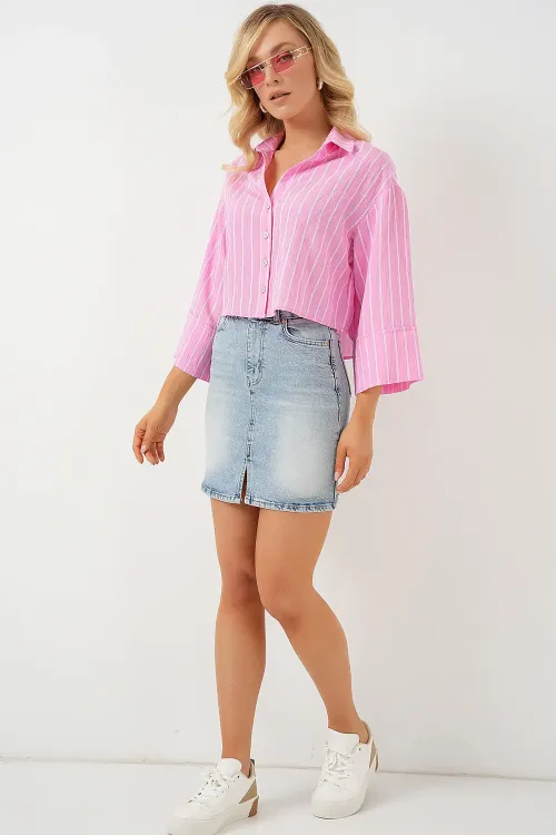 Kadın Çizgili Oversize Kısa Gömlek 20326 - Pembe