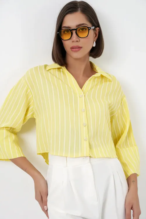 Kadın Çizgili Oversize Kısa Gömlek 20326 - Sarı