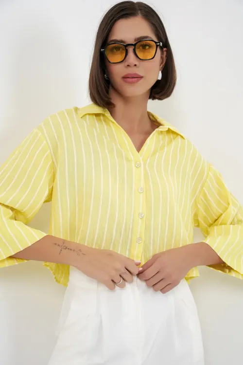 Kadın Çizgili Oversize Kısa Gömlek 20326 - Sarı