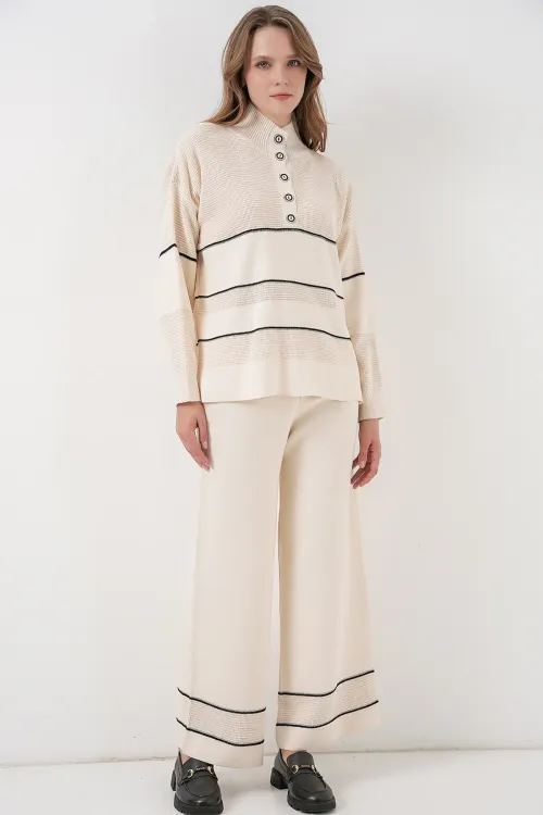 Kadın Çizgili Oversize Triko İkili Takım 15957 - Ekru