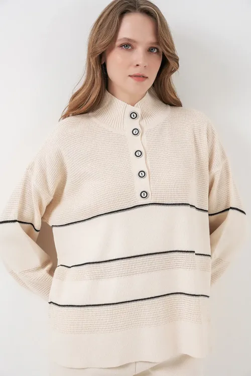 Kadın Çizgili Oversize Triko İkili Takım 15957 - Ekru
