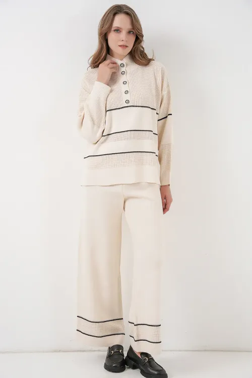 Kadın Çizgili Oversize Triko İkili Takım 15957 - Ekru