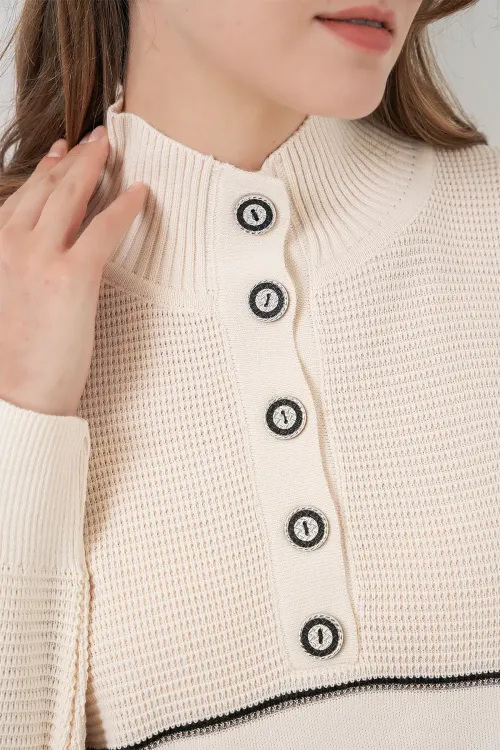 Kadın Çizgili Oversize Triko İkili Takım 15957 - Ekru