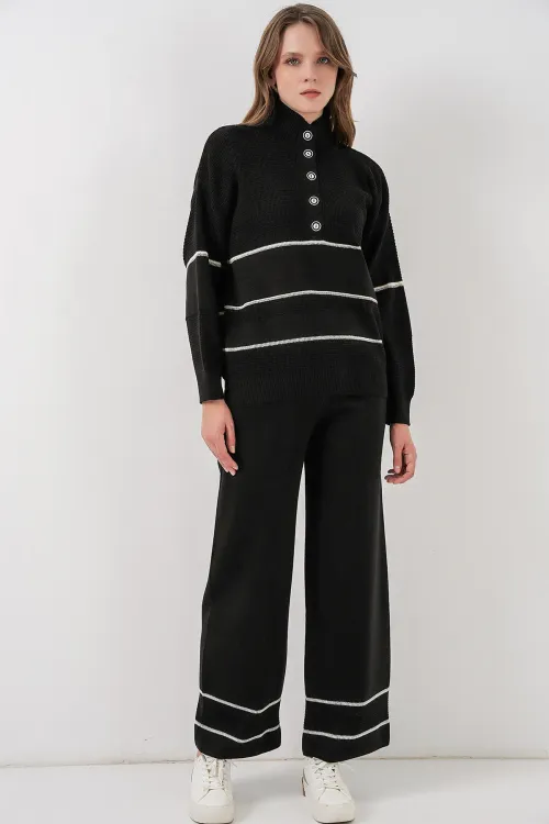 Kadın Çizgili Oversize Triko İkili Takım 15957 - Siyah