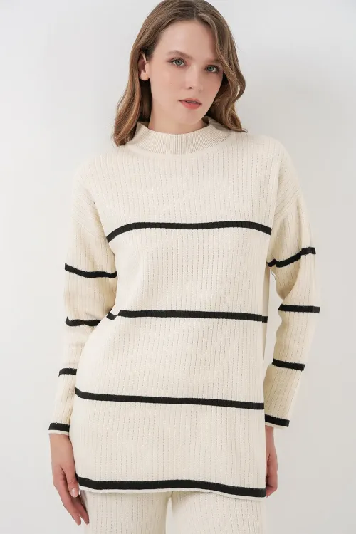 Kadın Çizgili Oversize Triko İkili Takım 15959 - Ekru