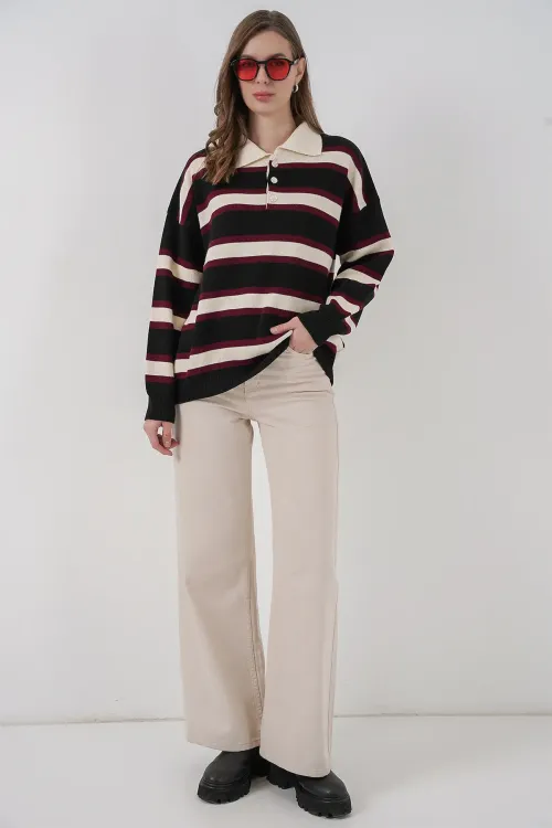 Kadın Çizgili Polo Yaka Triko Kazak 15952 - Siyah