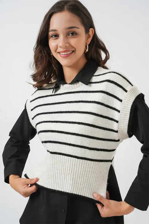 Kadın Çizgili Triko Süveter 15926 - Ekru