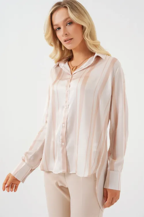 Kadın Çizgili Uzun Saten Gömlek 20291 - Bej