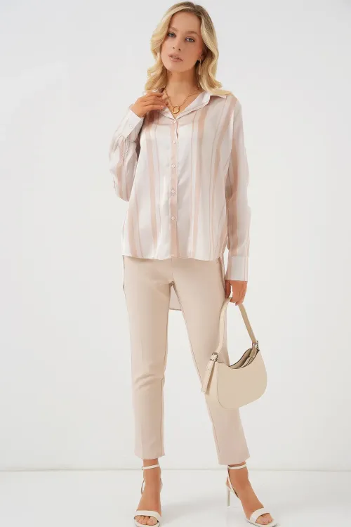 Kadın Çizgili Uzun Saten Gömlek 20291 - Bej