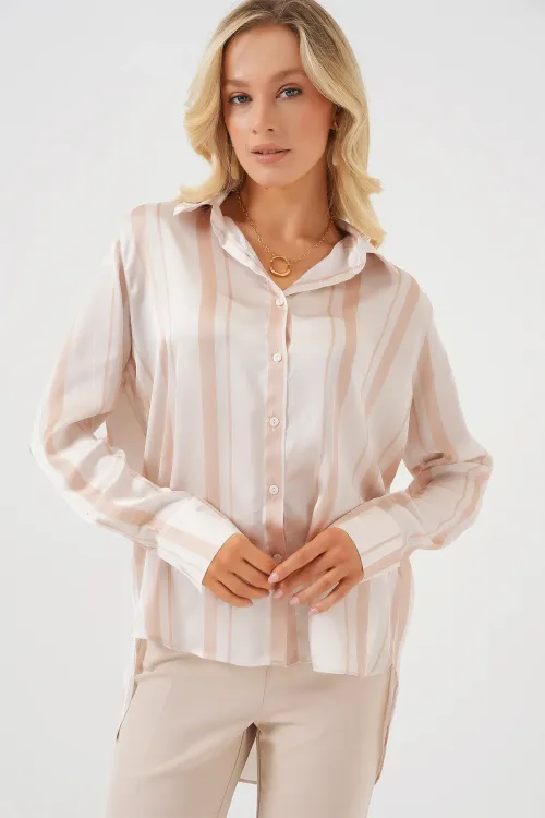 Kadın Çizgili Uzun Saten Gömlek 20291 - Bej