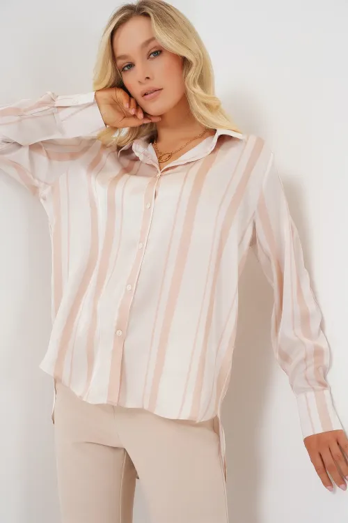Kadın Çizgili Uzun Saten Gömlek 20291 - Bej