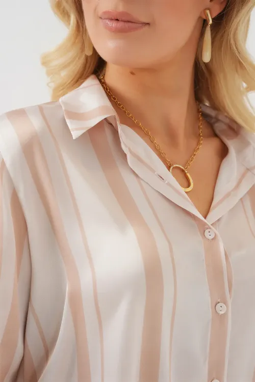 Kadın Çizgili Uzun Saten Gömlek 20291 - Bej