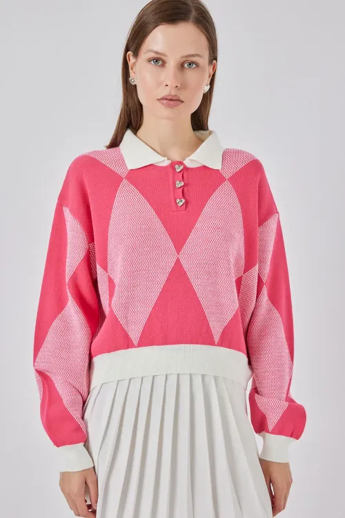 Kadın Crop Triko Kazak 15936 - C. Pembe