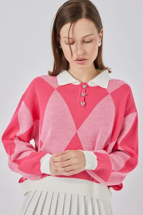 Kadın Crop Triko Kazak 15936 - C. Pembe