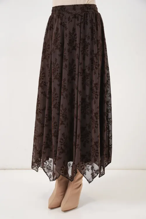 Kadın Desenli Astarlı Etek 8059 - Kahverengi