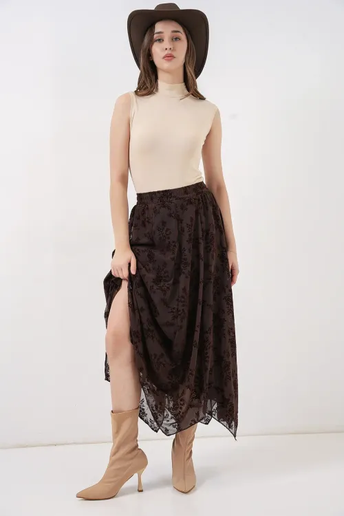 Kadın Desenli Astarlı Etek 8059 - Kahverengi