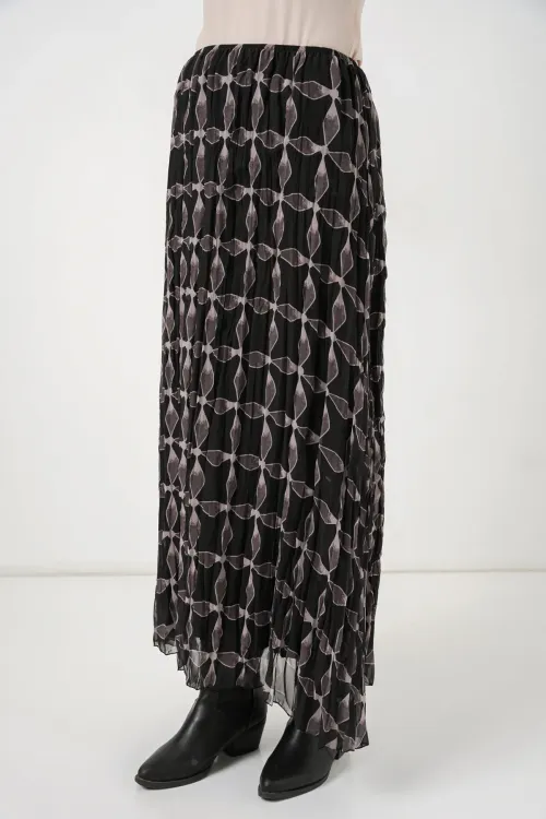 Kadın Desenli Astarlı Şifon Etek 8058 - Siyah