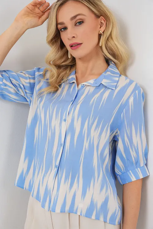 Kadın Desenli Kısa Kol Crop Gömlek 20337 - Mavi