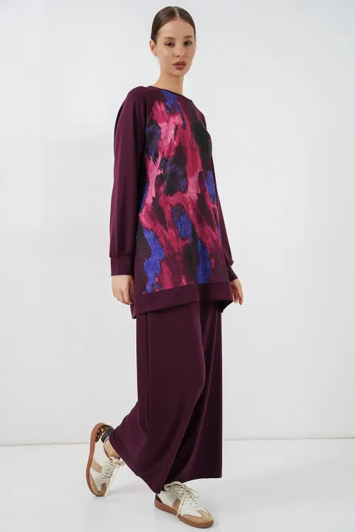 Kadın Desenli Oversize Tunik Pantolon İkili Takım 55462 - Mor