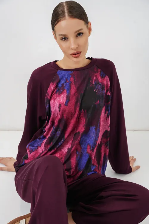 Kadın Desenli Oversize Tunik Pantolon İkili Takım 55462 - Mor