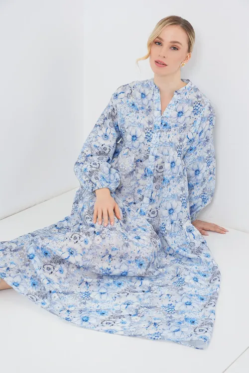 Kadın Desenli Tesettür Elbise 2583 - Mavi