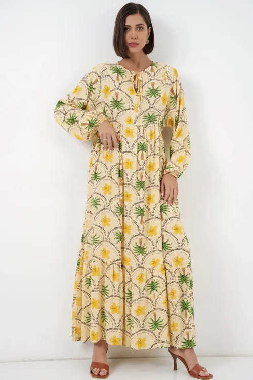 Kadın Desenli Tesettür Elbise 2594 - Sarı