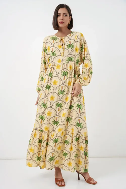 Kadın Desenli Tesettür Elbise 2594 - Sarı