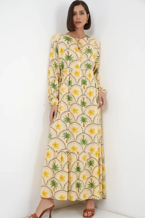 Kadın Desenli Tesettür Elbise 2594 - Sarı