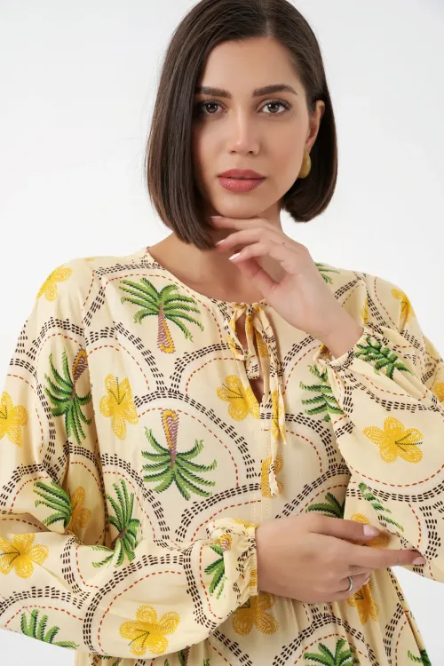 Kadın Desenli Tesettür Elbise 2594 - Sarı