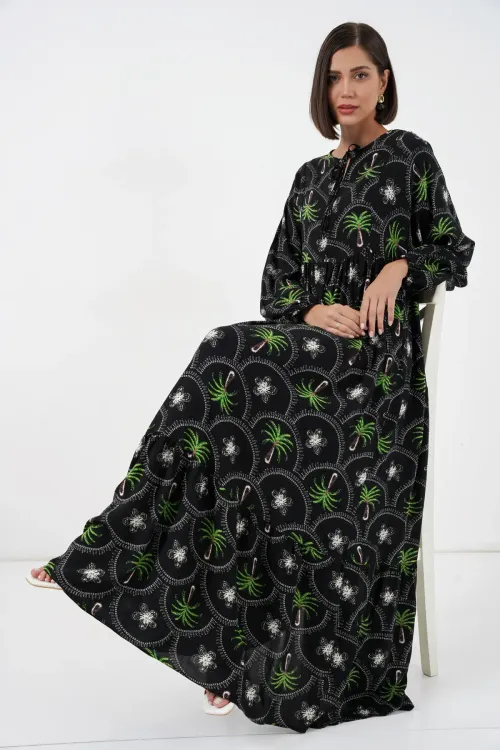 Kadın Desenli Tesettür Elbise 2594 - Siyah