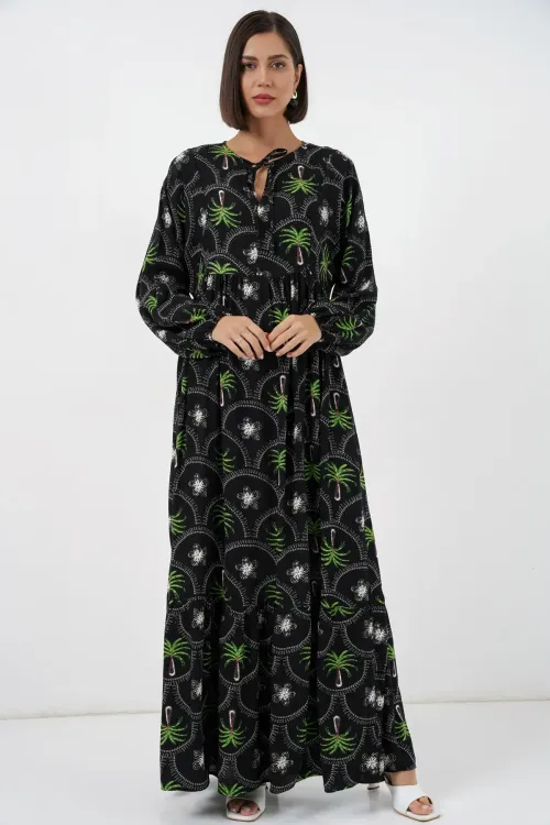 Kadın Desenli Tesettür Elbise 2594 - Siyah