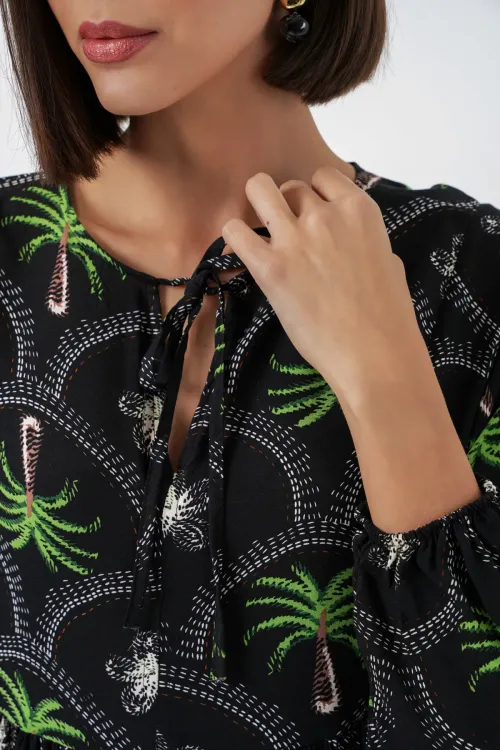 Kadın Desenli Tesettür Elbise 2594 - Siyah