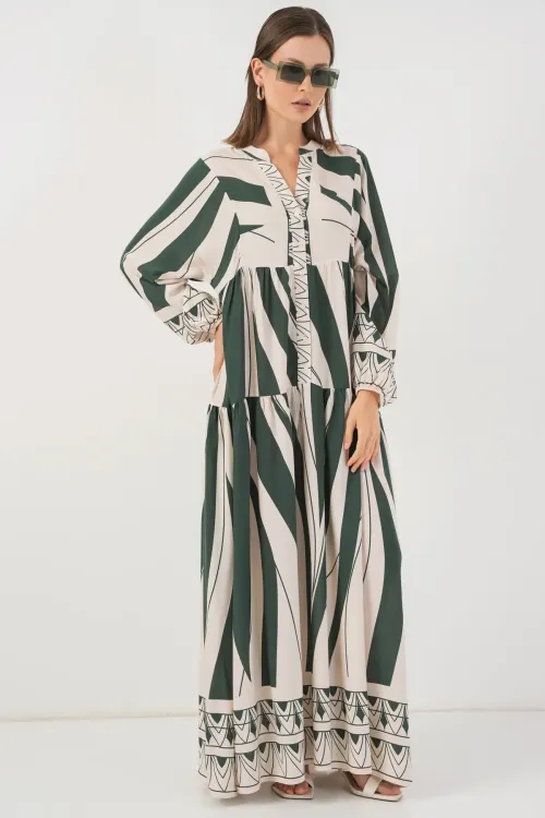 Kadın Desenli Uzun Tesettür Elbise 2585 - A. Zümrüt Yeşili