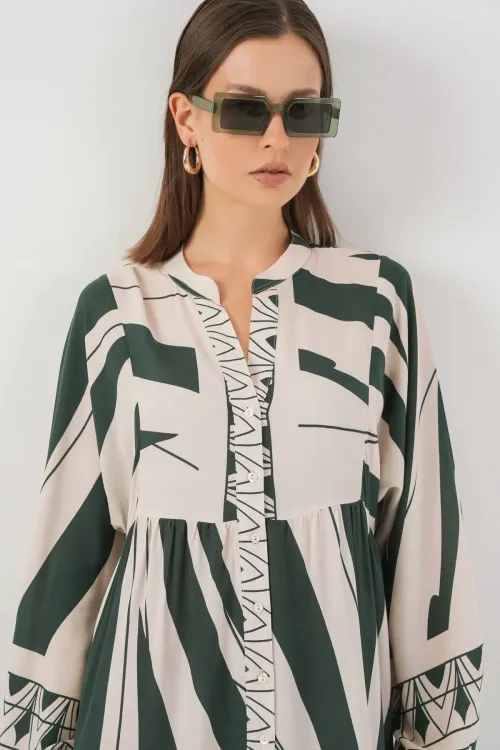 Kadın Desenli Uzun Tesettür Elbise 2585 - A. Zümrüt Yeşili