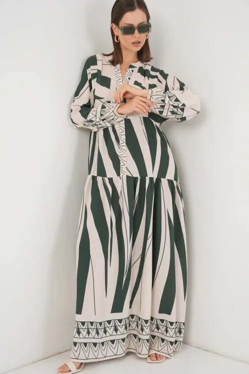 Kadın Desenli Uzun Tesettür Elbise 2585 - A. Zümrüt Yeşili