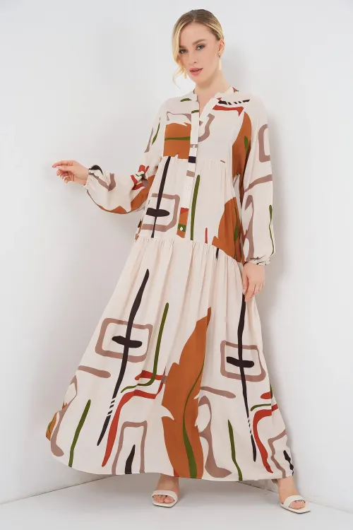 Kadın Desenli Uzun Tesettür Elbise 2585 - A.KREM