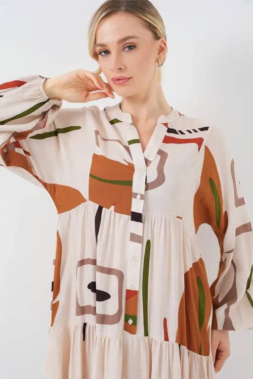 Kadın Desenli Uzun Tesettür Elbise 2585 - A.KREM