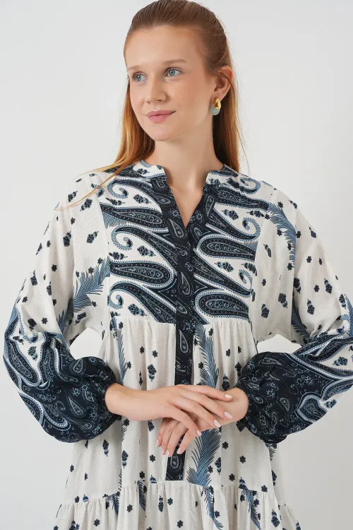 Kadın Desenli Uzun Tesettür Elbise 2585 - A.Lacivert