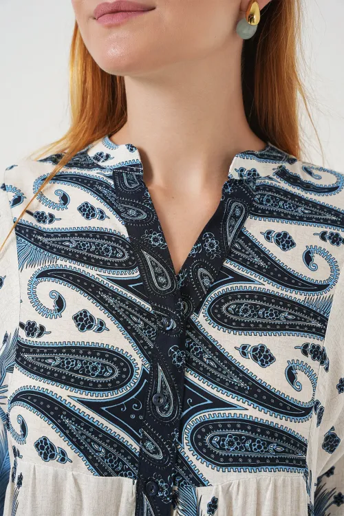 Kadın Desenli Uzun Tesettür Elbise 2585 - A.Lacivert