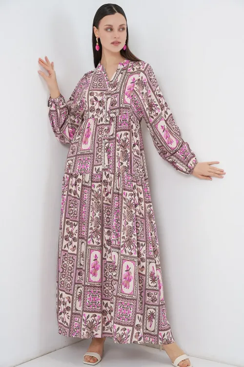 Kadın Desenli Uzun Tesettür Elbise 2585 - A.Pudra